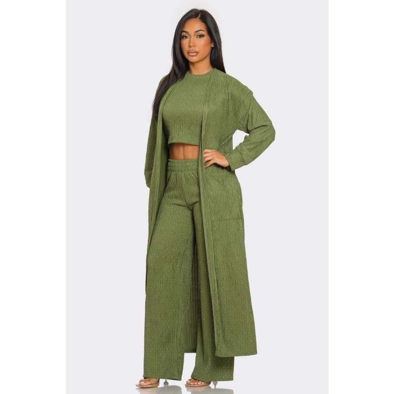 ITSSY – Engroshandel Loungesæt - Dame – Rhinestone Cardigan Crop Top Loungewear Buksesæt0