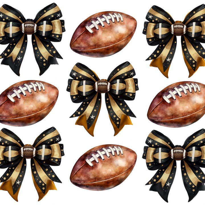 Black and Gold Bow and Football Coquette DTF Transfer for wholesale by M2B Designs