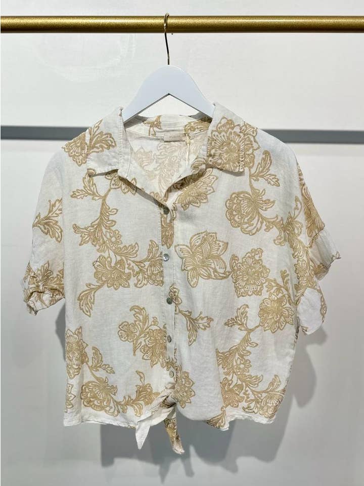 Gold FLORAL PRINT BUTTON DOWN TOP (01912-FLORAL) for wholesale on Faire