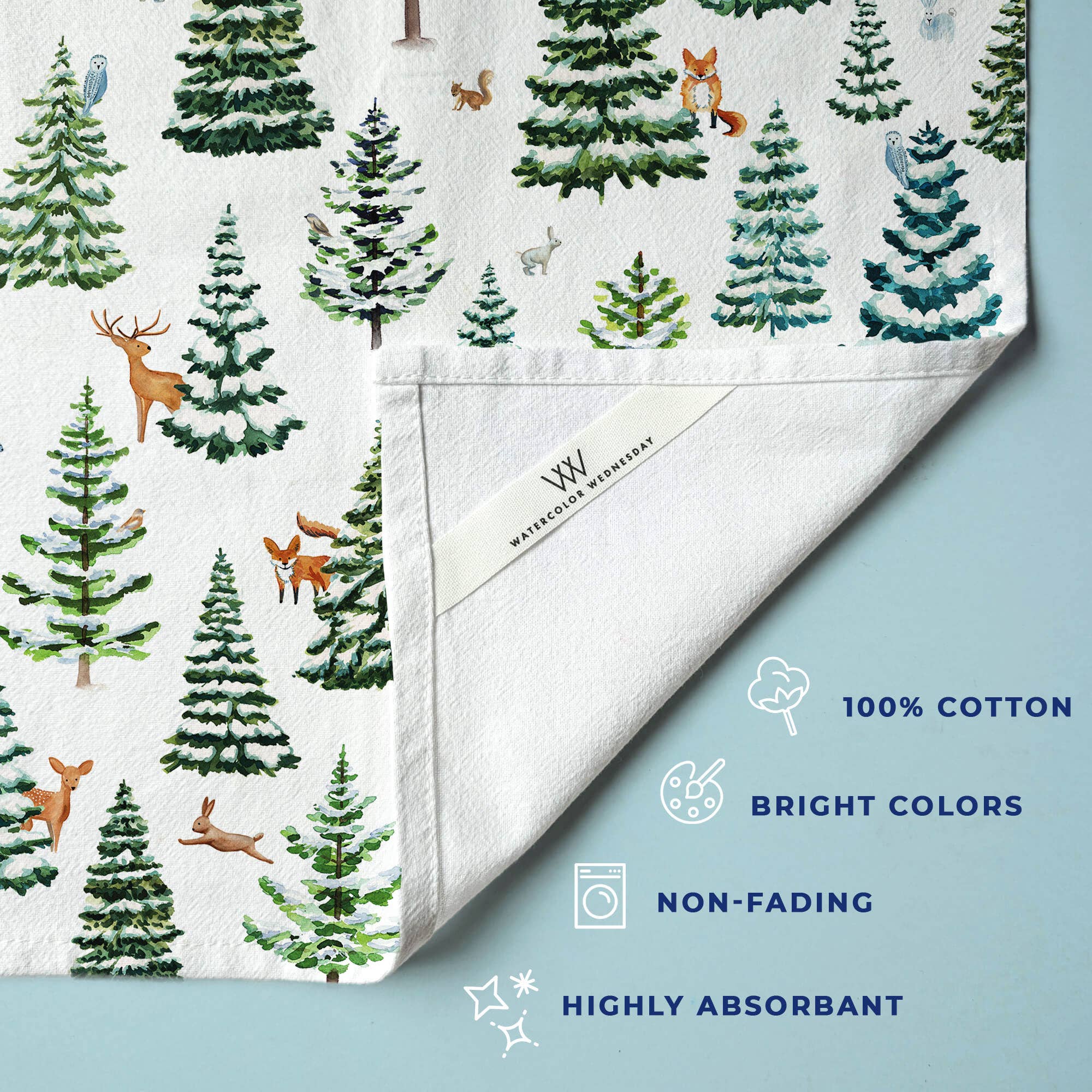 Watercolor Wednesday - Wholesale Tea Towel - Woodland Tea Towel | Snowy Winter Forest for Kitchen2
