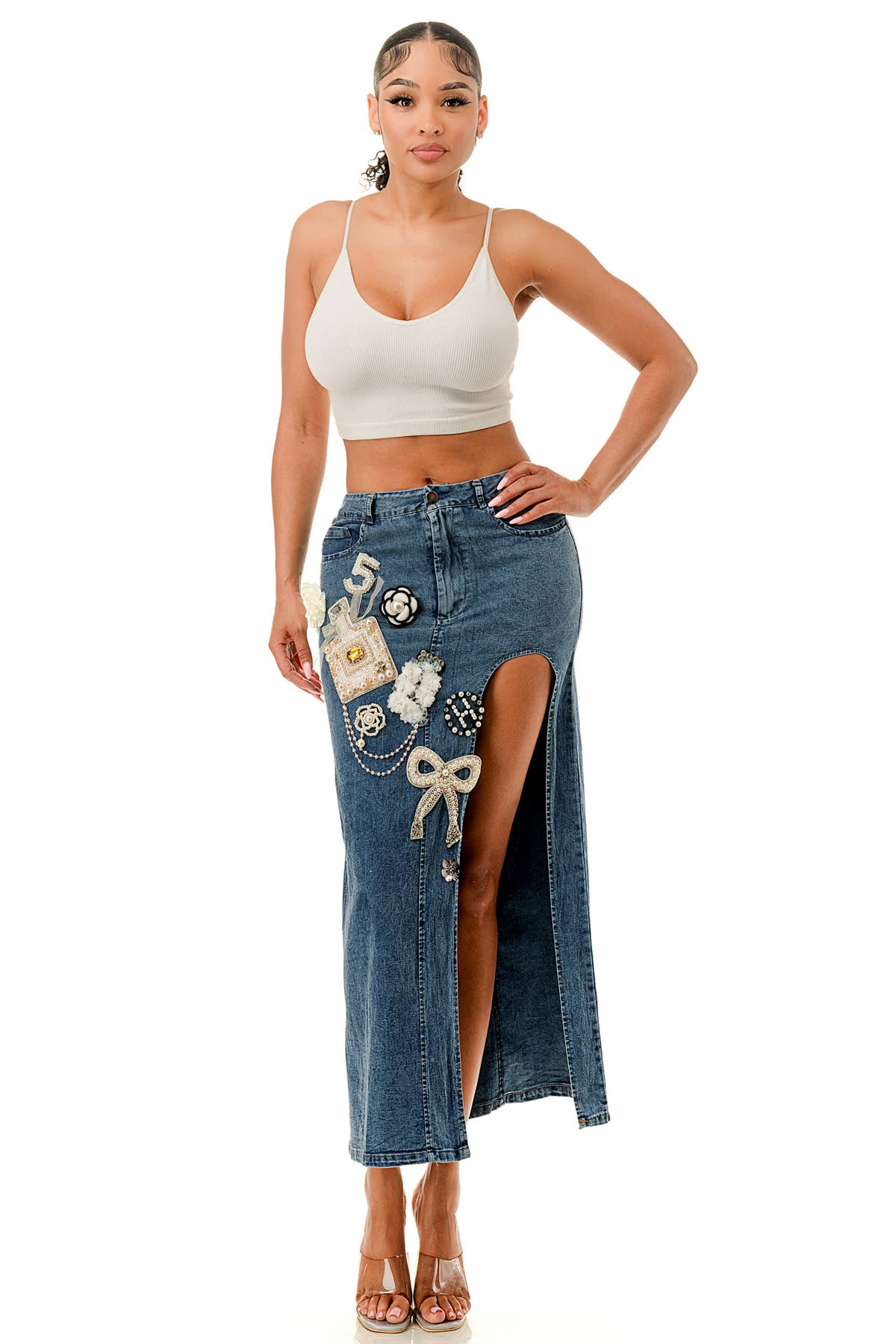 SALT – Großhandel Rock – Damen – (SK3967) No.5 verziertes Jeans-Midirock in 3 Farben9