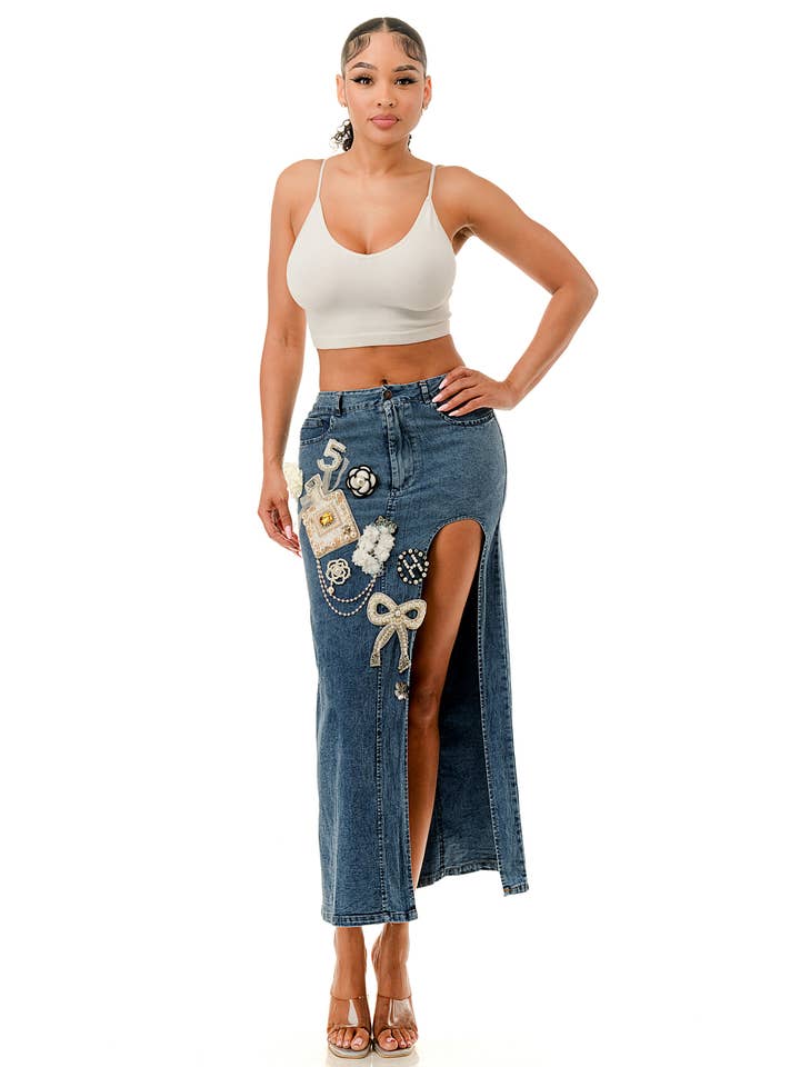 SALT – Großhandel Rock – Damen – (SK3967) No.5 verziertes Jeans-Midirock in 3 Farben9