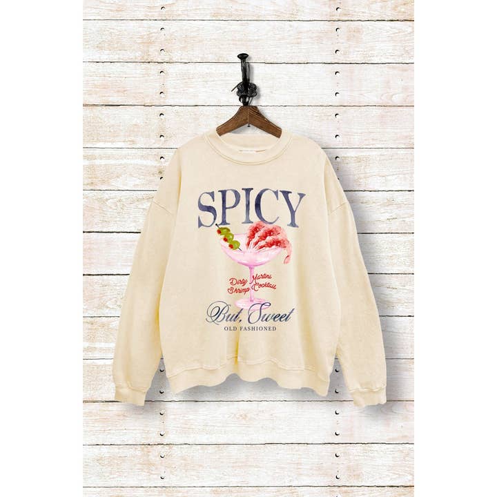 SPICY BUT SWEET COCKTAIL GRAPHIC MINERAL WASH SWEATSHIRT for wholesale by VINTAGE POINT USA