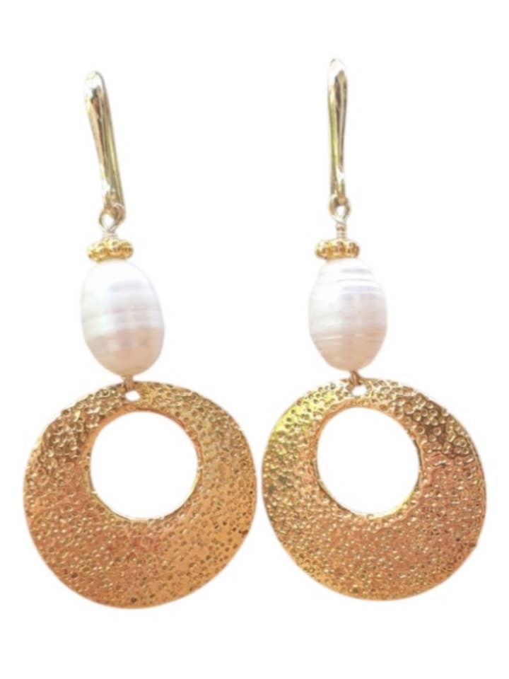 White Pearl Drop & Gold Disc Earrings for wholesale by Way To Chic