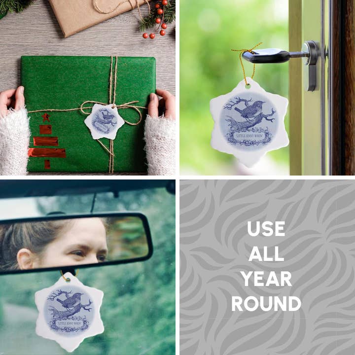 3dRose - Wholesale Ornament - 3dRose, Little Jenny Wren- pretty little bird and cartouche in blue, Ornament11