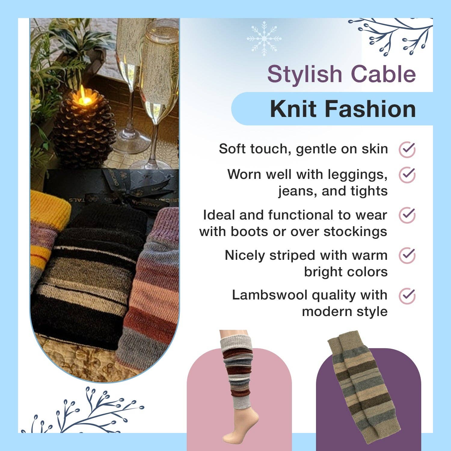 Sierra Socks - Wholesale Legwarmers - Women's - Girl's Stripe Lambswool Knee Hi Leg Warmers W42436