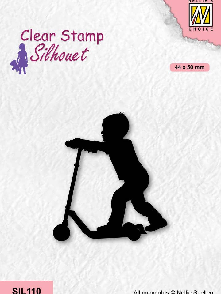 Nellie's Choice Clear Stamp Silhouette - Boy With Scooter for wholesale by Ecstasy Crafts Distributing