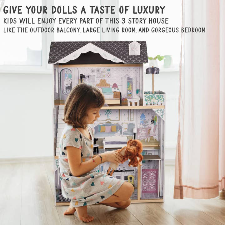 Jumbl - Wholesale Doll Accessory Kit - Kids - 3-Story Wooden Doll House Set W/Elevator, Balcony & Stairs13