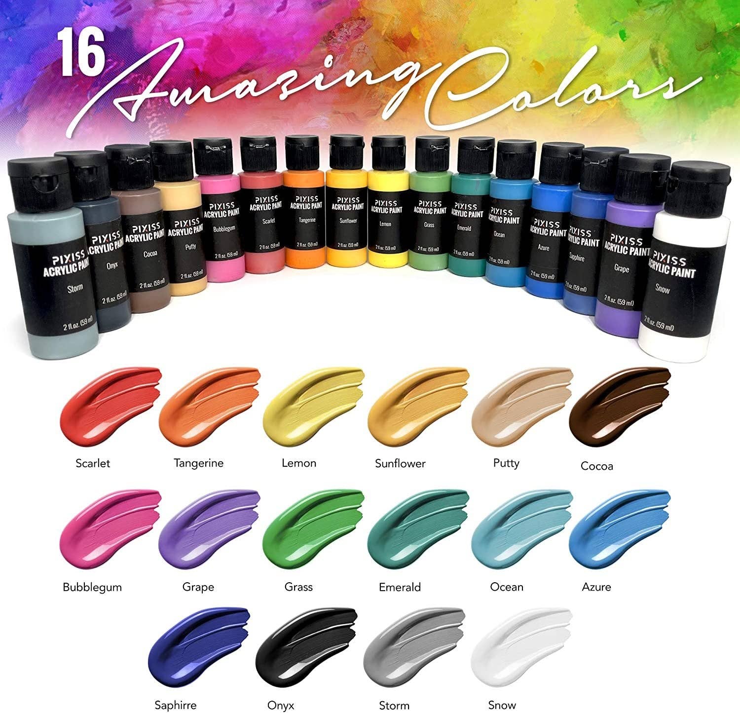 Pixiss - Wholesale Paint Set - Pixiss Acrylic Paints Set of 16 Vibrant Colors2