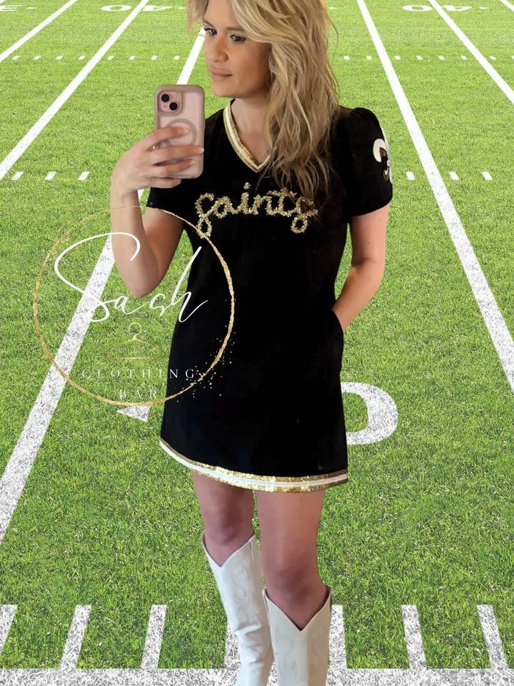 Black & Gold Gameday New Orleans Glitter Script Tinsel Dress for wholesale by Sash Clothing Bar
