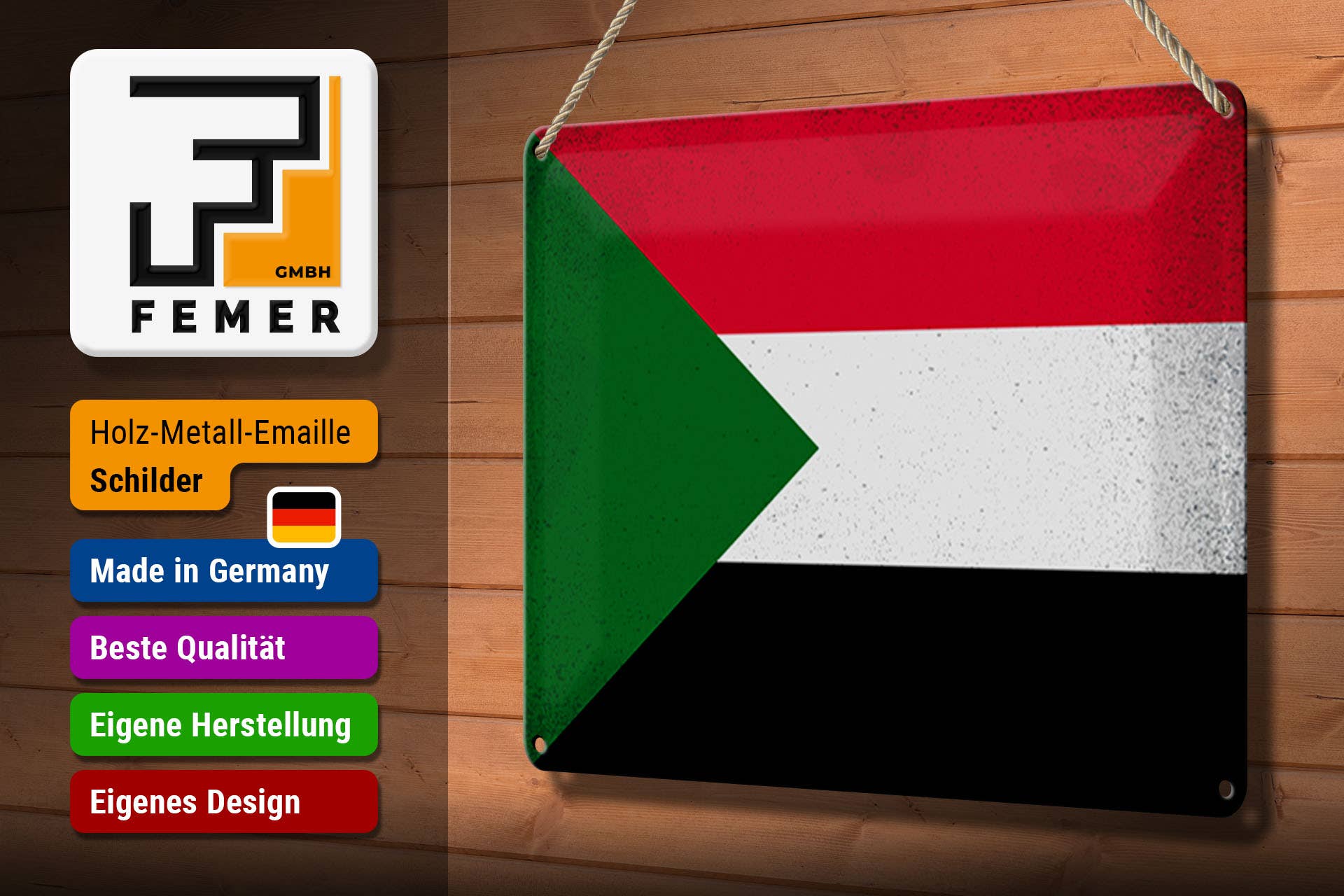 Femer - Vente Drapeaux - Panneau en étain avec drapeau du Soudan, 30 x 20 cm, modèle vintage2