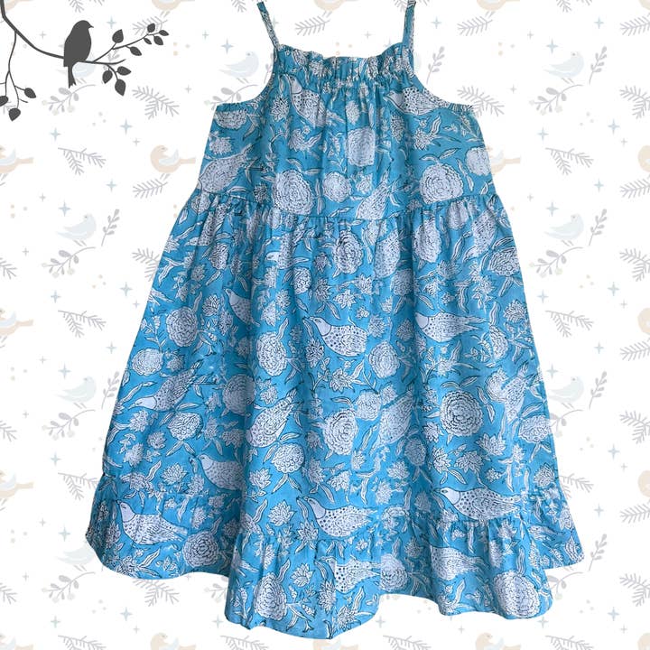 The Indian Bazaar - Wholesale Dress - Kids - Girls Sun Swing Dress - Pastel Blue Bird print Cotton