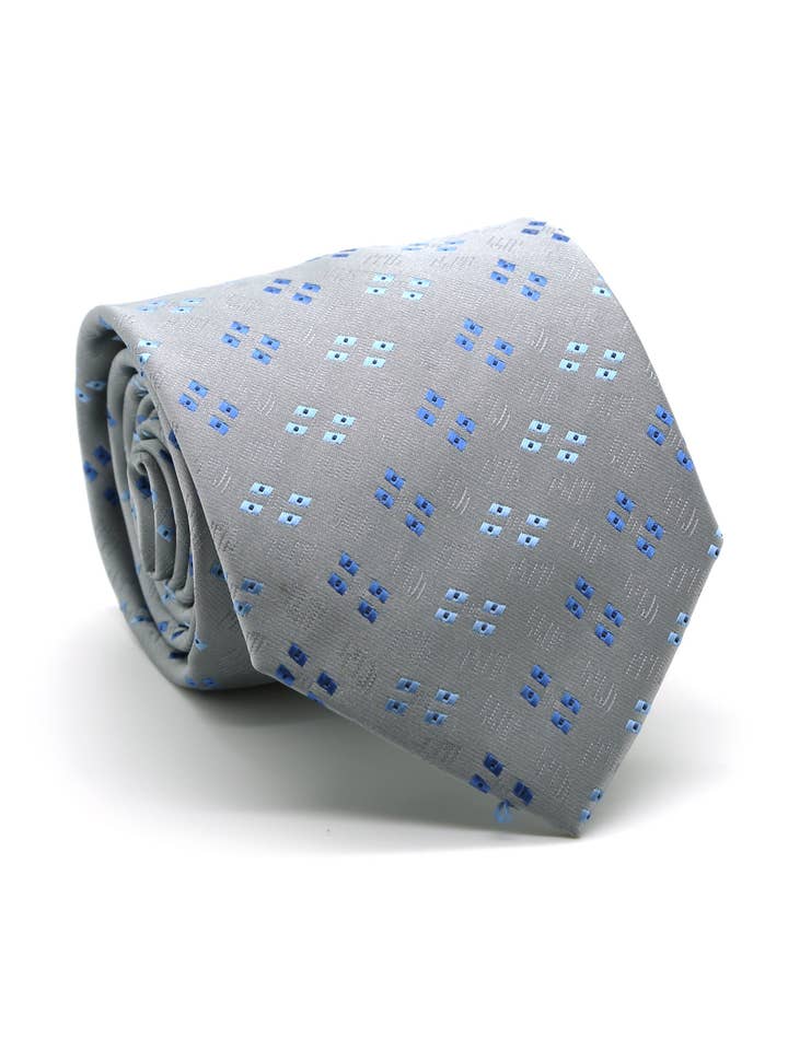 Ferrecci Mens Grey/Blue Geo Pattern Necktie with Handkerchief Set for wholesale by Ferrecci