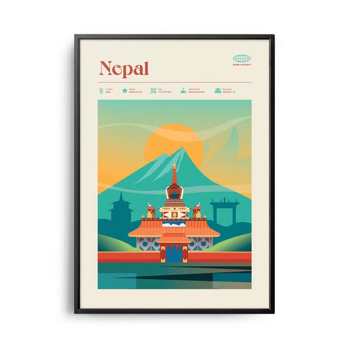 Poster di viaggio retrò del Nepal in stile Mid-Century Modern per la vendita all'ingrosso da parte di Weekend Concept