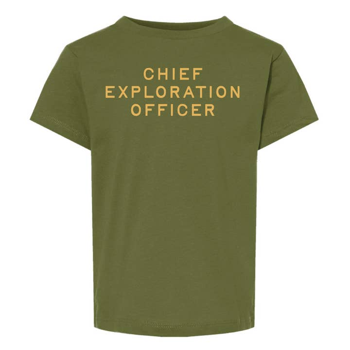 Chief Exploration Officer Toddler Graphic Tee. Olive. for wholesale by Up North Boutique