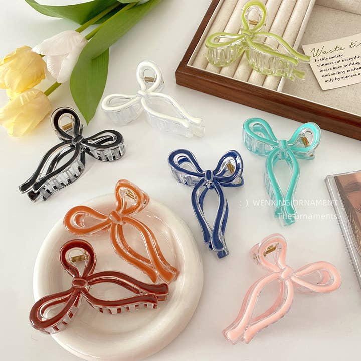 Rainbow Jelly Glossy Ribbon Bow Claw Clips-4.33 in-7 colors for wholesale by MKS America