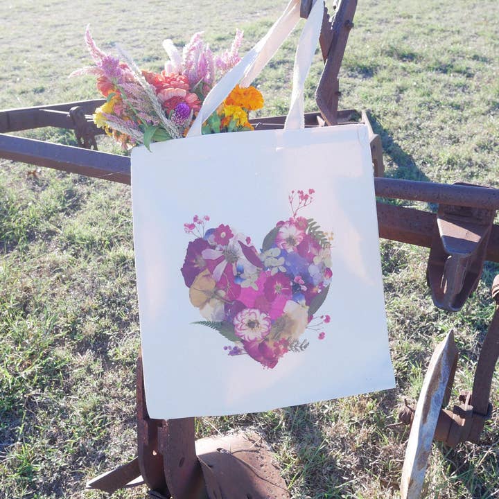 Pressed Flower heart Tote Bag | romantic nature botanical reusable bag for wholesale by Remedy Designs