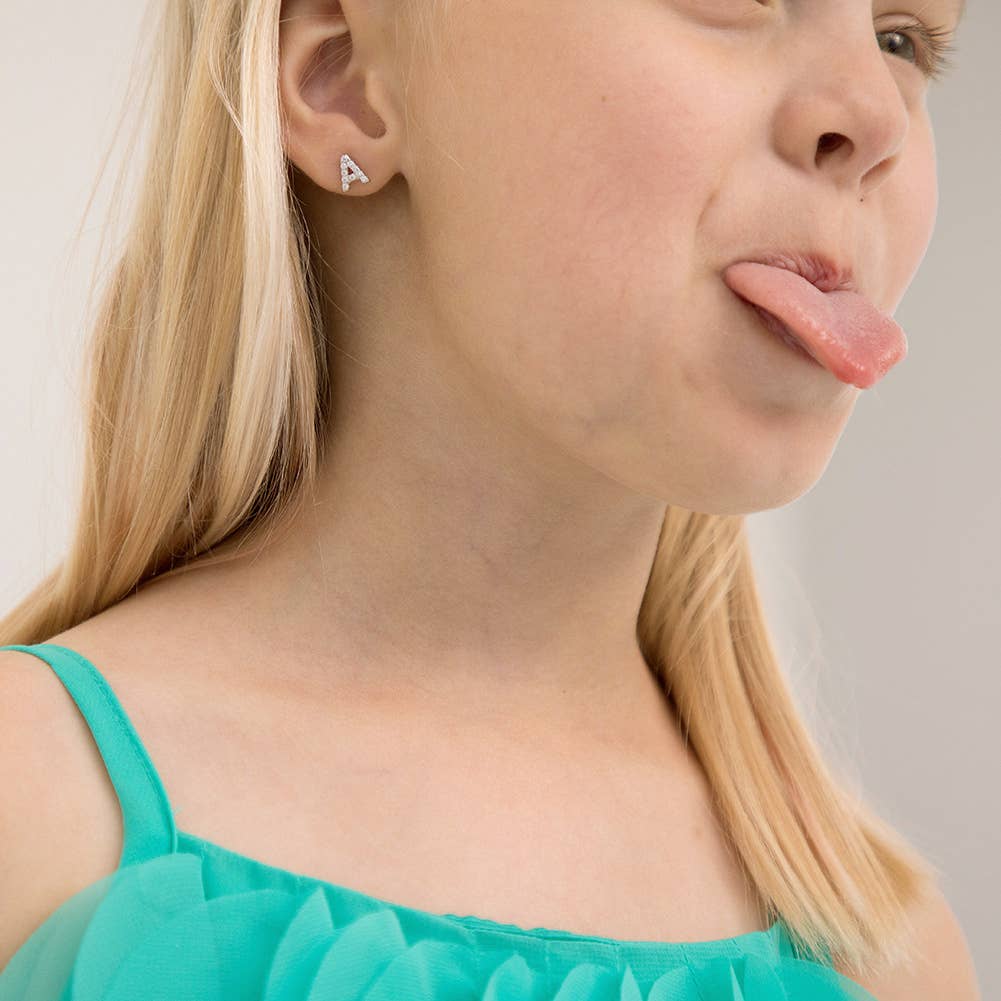 In Season Jewelry - Wholesale Earrings - Kids - CZ Letter Initial Girls / Kids Earrings - Sterling Silver9