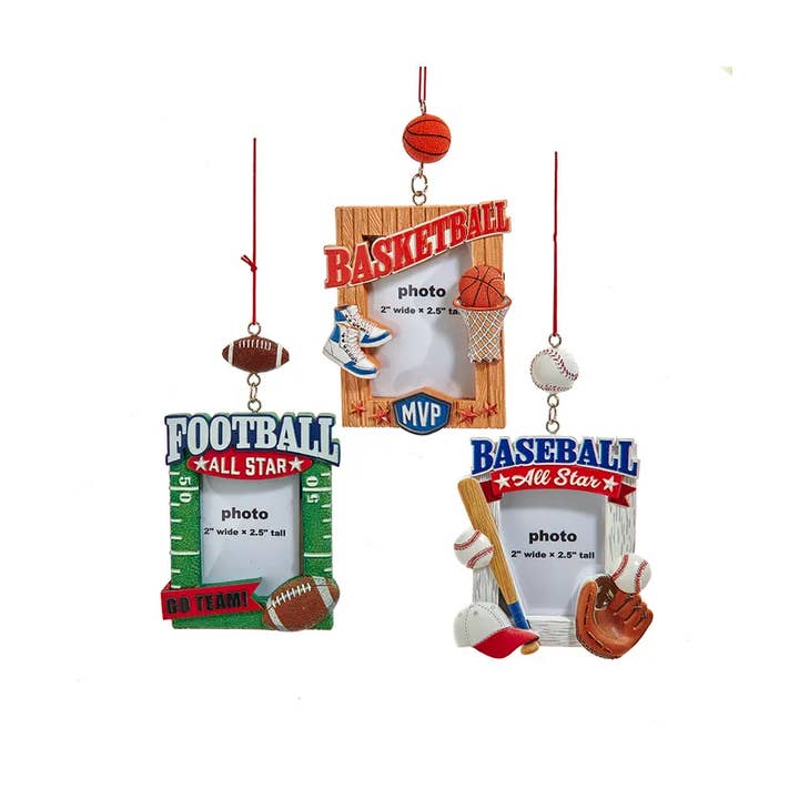 5.25-5.5" Sports Photo Frame Ornament 3 Assorted for wholesale by Kurt S. Adler, Inc.