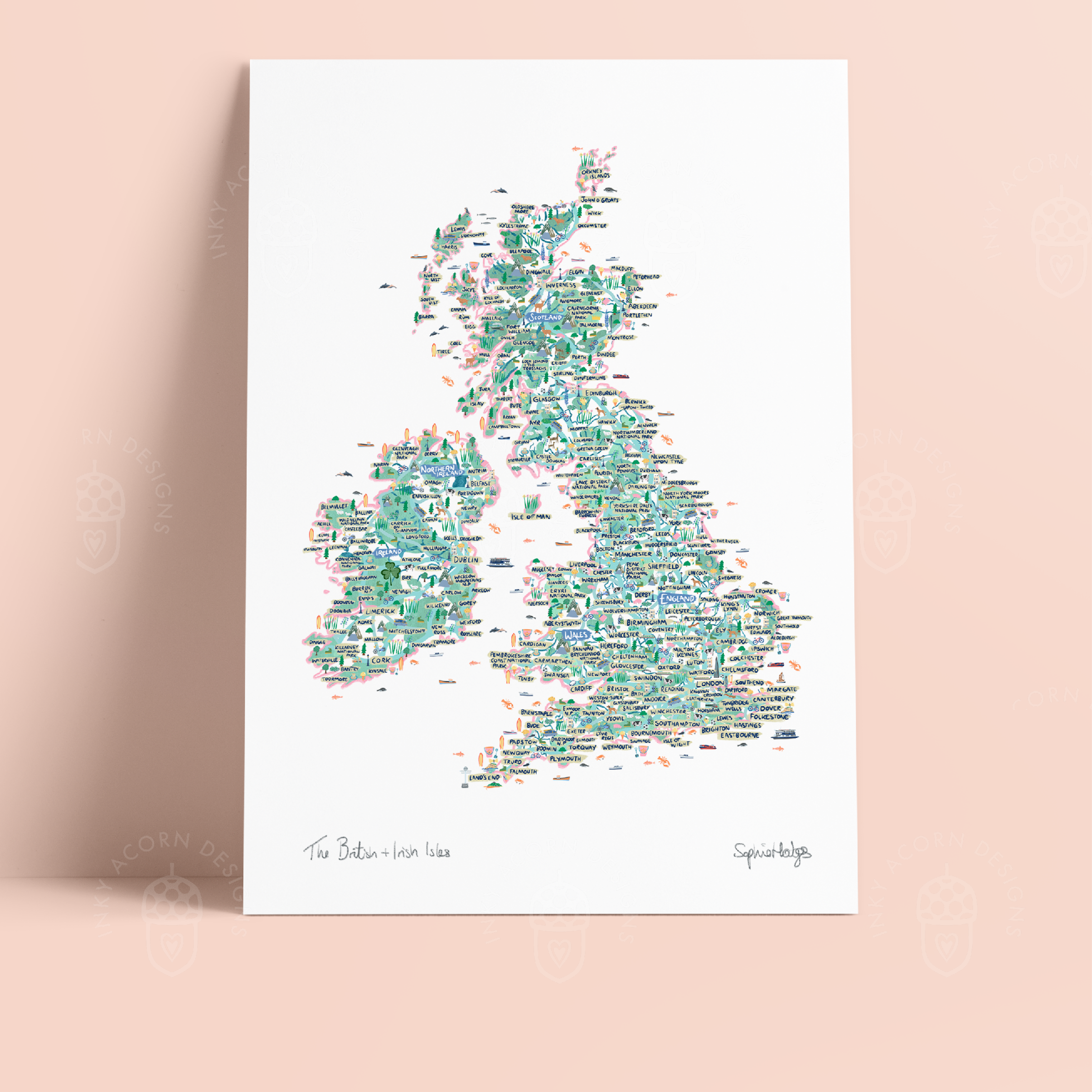 Inky Acorn Designs - Wholesale Art Print - UK & Ireland Illustrated Map Signed Art Print2