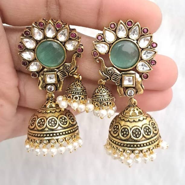 Vinnis Jewelry - Wholesale Dangle Earrings - Mayura Antique Green Jhumka Earrings0