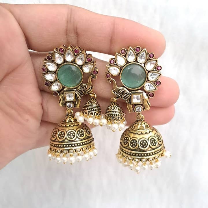 Vinnis Jewelry - Wholesale Dangle Earrings - Mayura Antique Green Jhumka Earrings