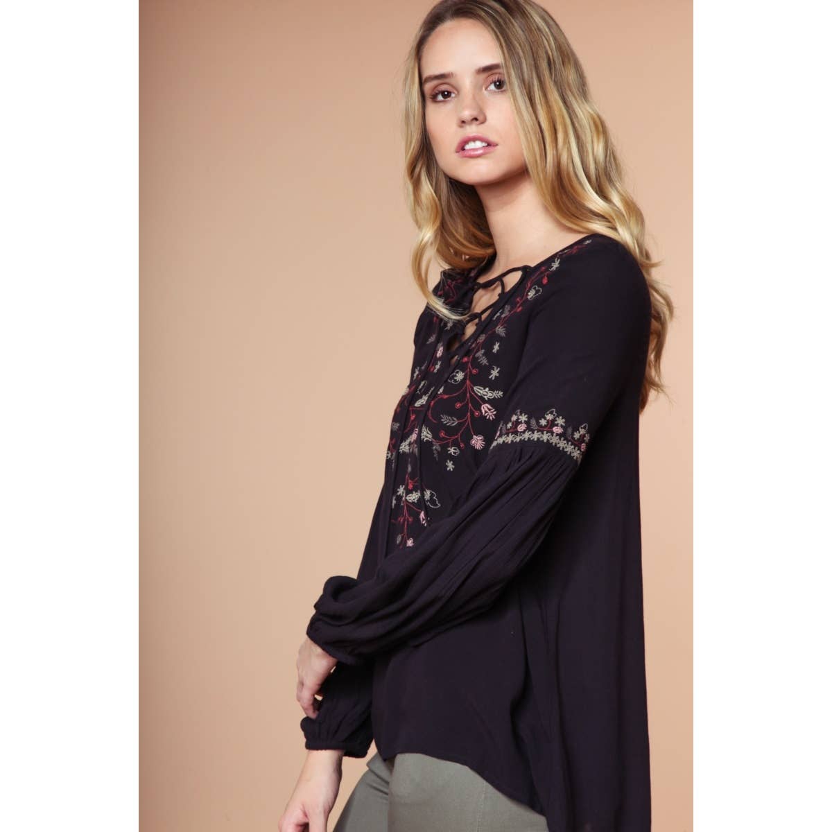 Naked Zebra Rack – wholesale Blouse – Women’s – Embroidered Lace Up Long Sleeve Blouse1