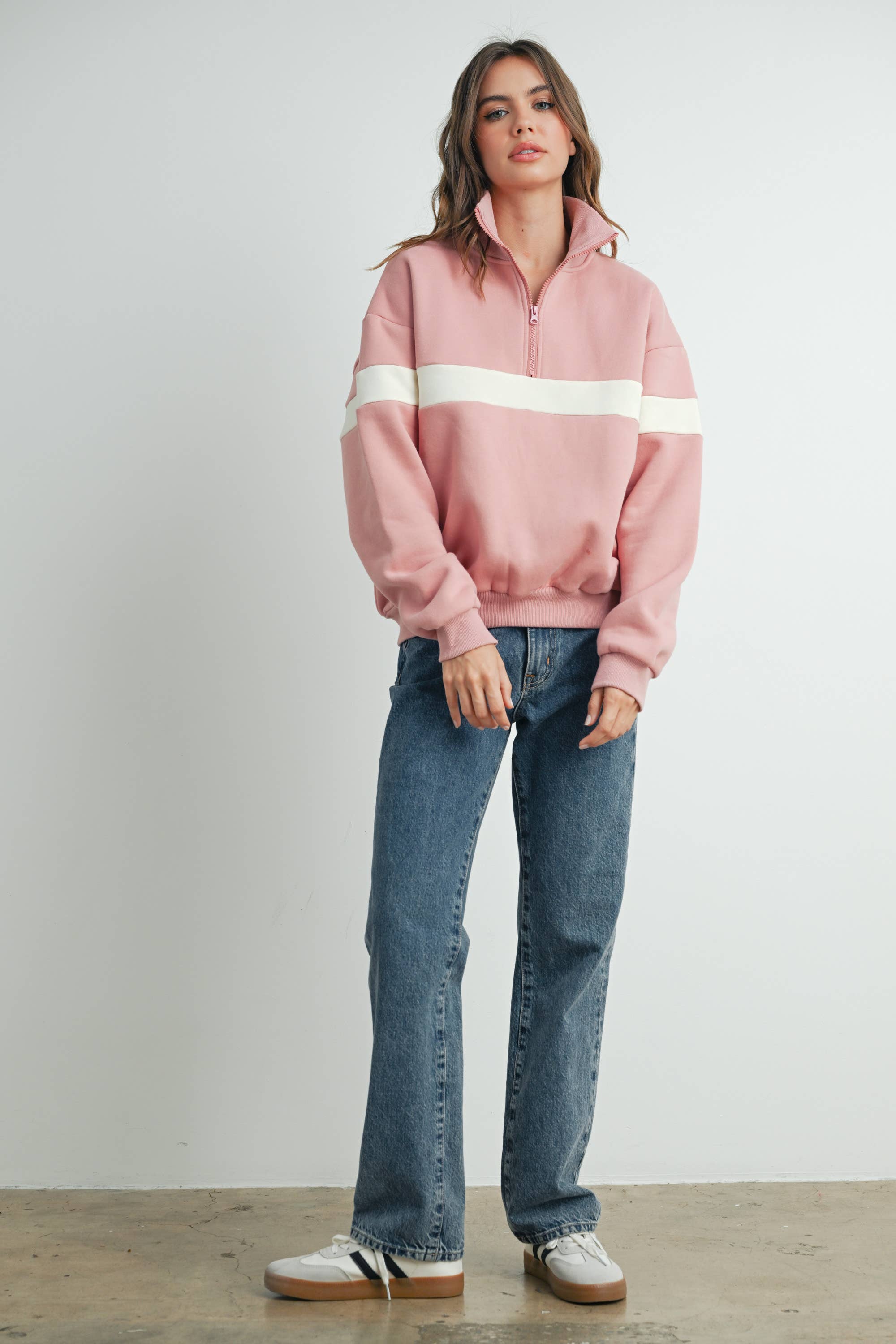 BUTTERMELON - Wholesale Sweatshirt - Women's - Two-Toned Half Zip Collar Sweatshirt - BMT753535