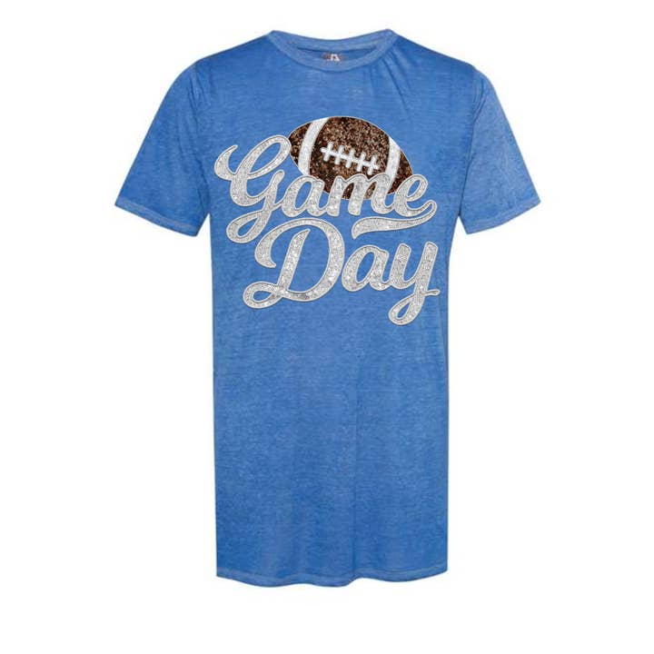 Game Day Faux Sequin Zen Distressed Football Tee - Blue for wholesale by Ally Co