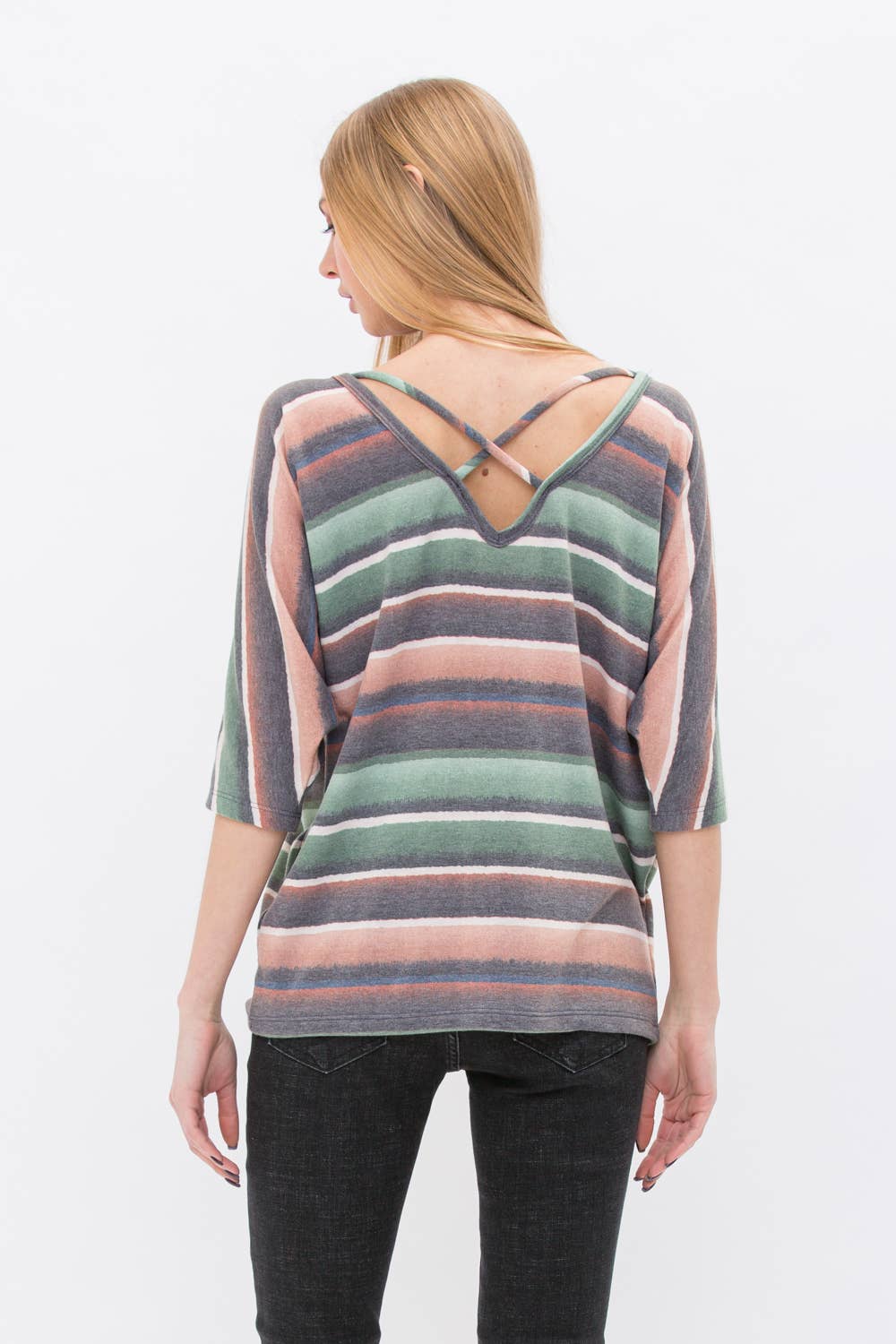 VOCAL - Wholesale Knit Top - Women's - STRIPE KIMONO SLEEVE TOP WITH STRINGS IN THE BACK 19328S3