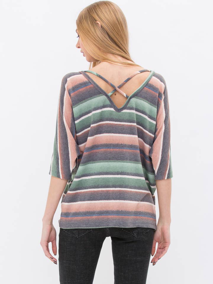VOCAL - Wholesale Knit Top - Women's - STRIPE KIMONO SLEEVE TOP WITH STRINGS IN THE BACK 19328S3