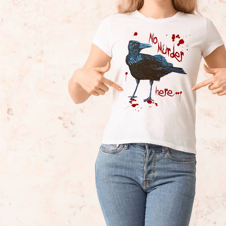 No Murder Here Crow T-shirt - White - 100% Cotton for wholesale by Hannah Kate Makes