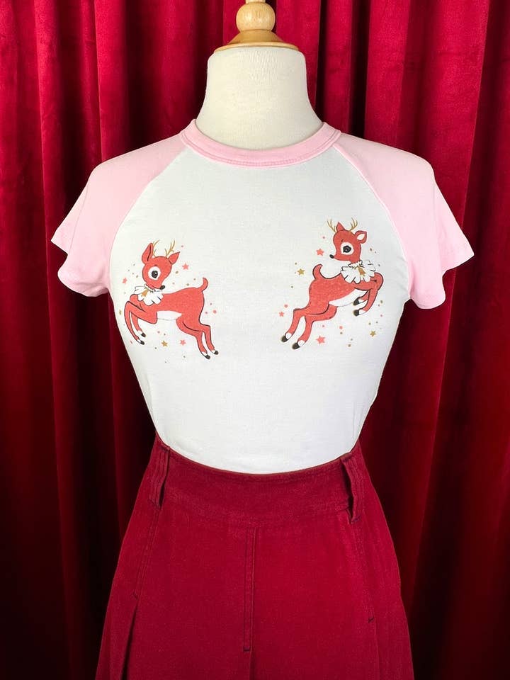 Mischief Made - Wholesale T-Shirt (Graphic) - Women's - Stella Deer Short Raglan Cropped Baby tee in White/Pink0