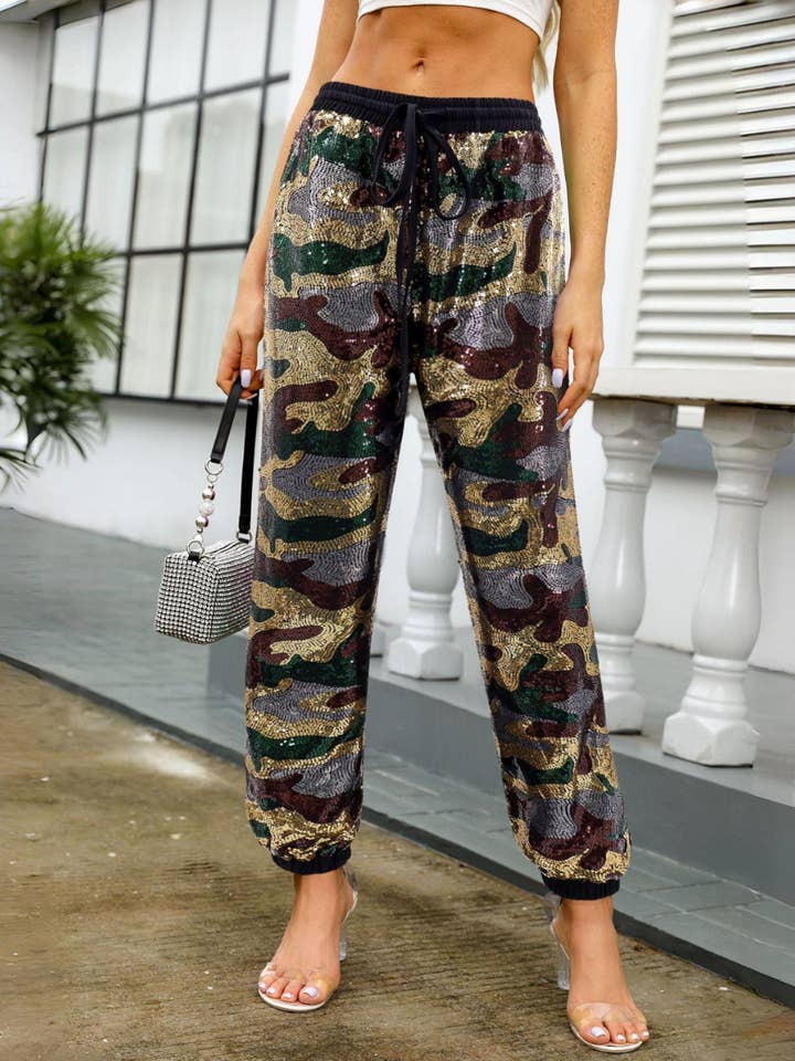 Camo print sequin leggings party trousers for wholesale by Rosa Clothing