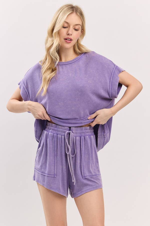 Sewn and Seen - Wholesale Lounge Set - Women's - MINERAL WASHED TOP AND SHORTS RIB SET 0