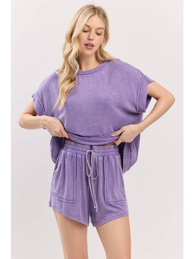 Sewn and Seen - Wholesale Lounge Set - Women's - MINERAL WASHED TOP AND SHORTS RIB SET