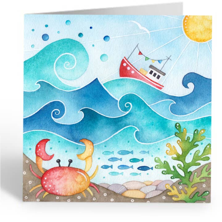 Fishing Boat and Crab Greetings Card - Blank - Seaside Art for wholesale by East Neuk Beach Crafts