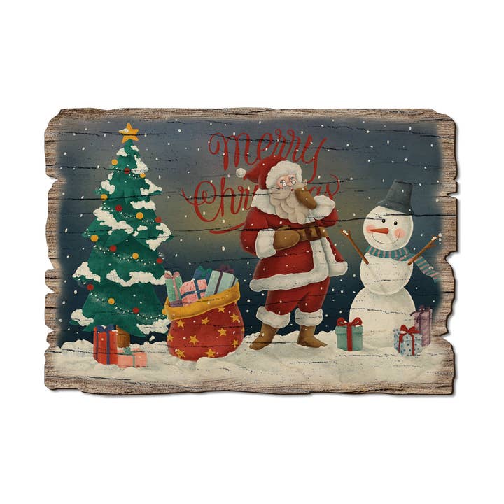 Carte postale rustique en bois avec le Père Noël et le bonhomme de neige, aimant, décoration pour la vente par DaydreamHQ
