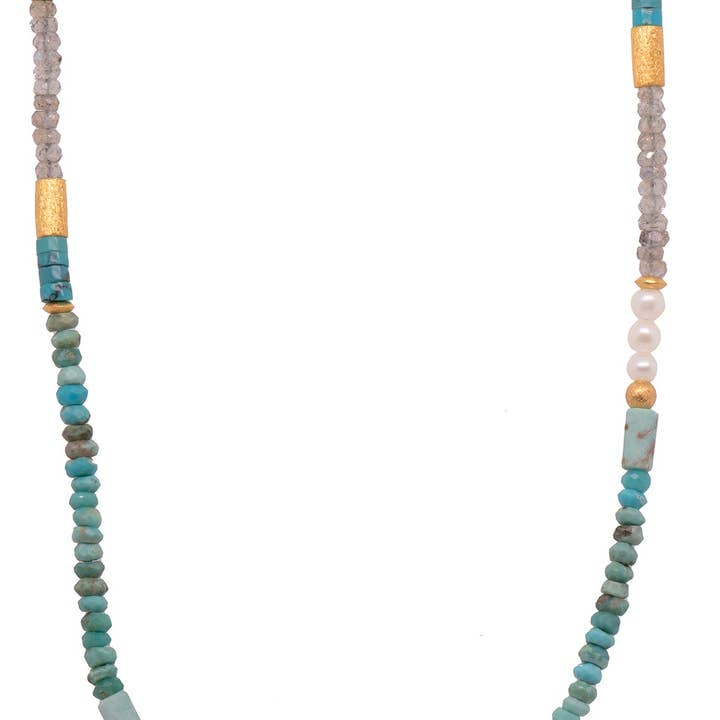 Turquoise, White Pearls , Labradorite, and Chrysocolla Necklace 24K Fair Trade Gold Vermeil for wholesale by Joyla Jewelry