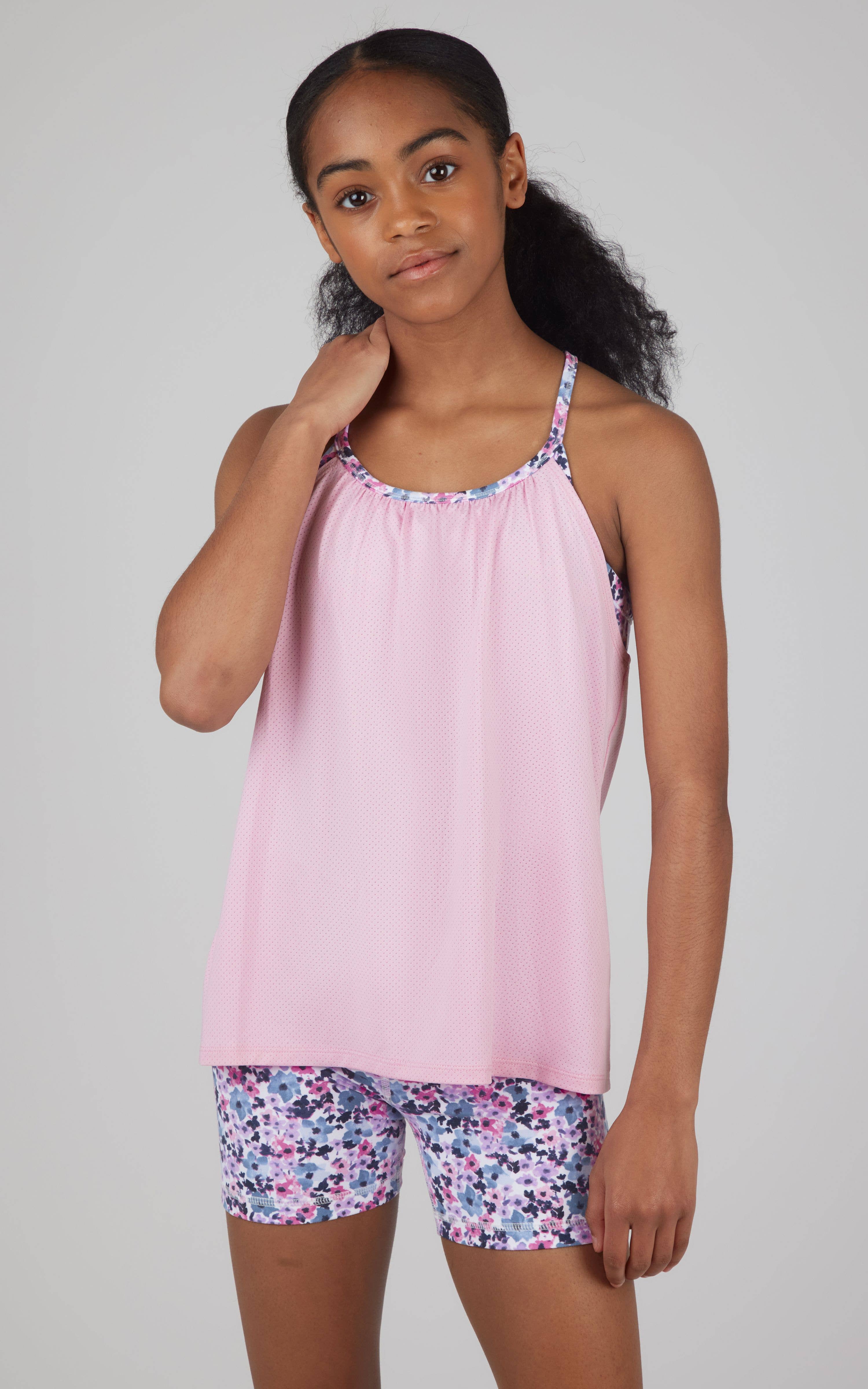 90 Degree by Reflex & Yogalicious - Vendita all'ingrosso Completo top e pantaloncini - Bambini - Canotta in rete per ragazze con reggiseno interno e pantaloncini da bici abbinati5