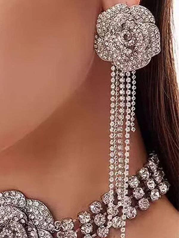 Flower Shape Rhine Stones Tasseled Drop Earrings for wholesale by VividLux