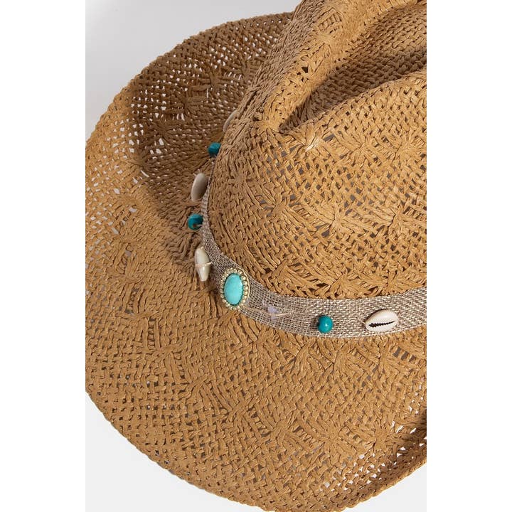 Collections by Fame Accessories - Wholesale Fedora - Women's - Sea Shell Band Straw Western Cowboy Hat