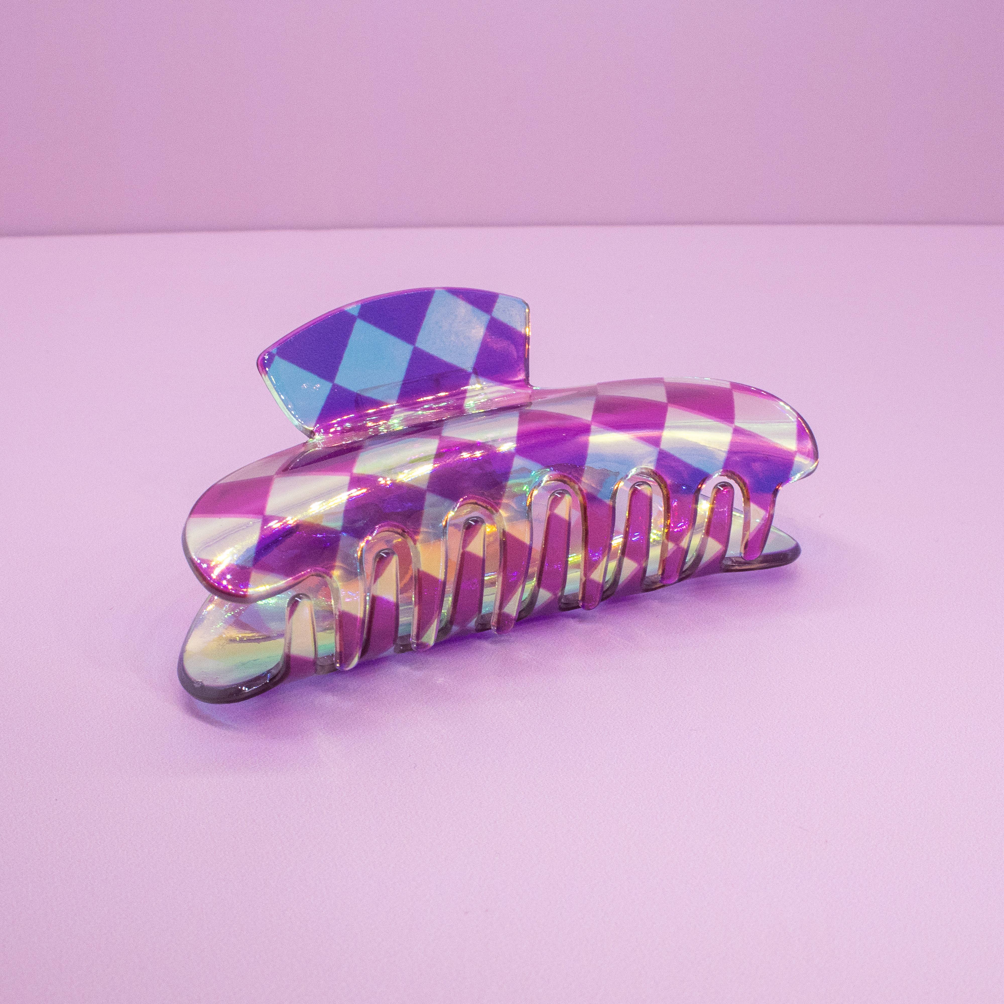 Frog Sac - Wholesale Hair Clip - Women's - Medium Round Iridescent Checkered Hair Claw Clip9