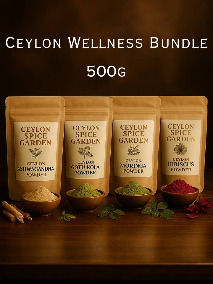 Ceylon Wellness Bundle – 500g x 4 (Ashwagandha, Gotu Kola, Moringa, Hibiscus) for wholesale by Ceylon Spice Garden