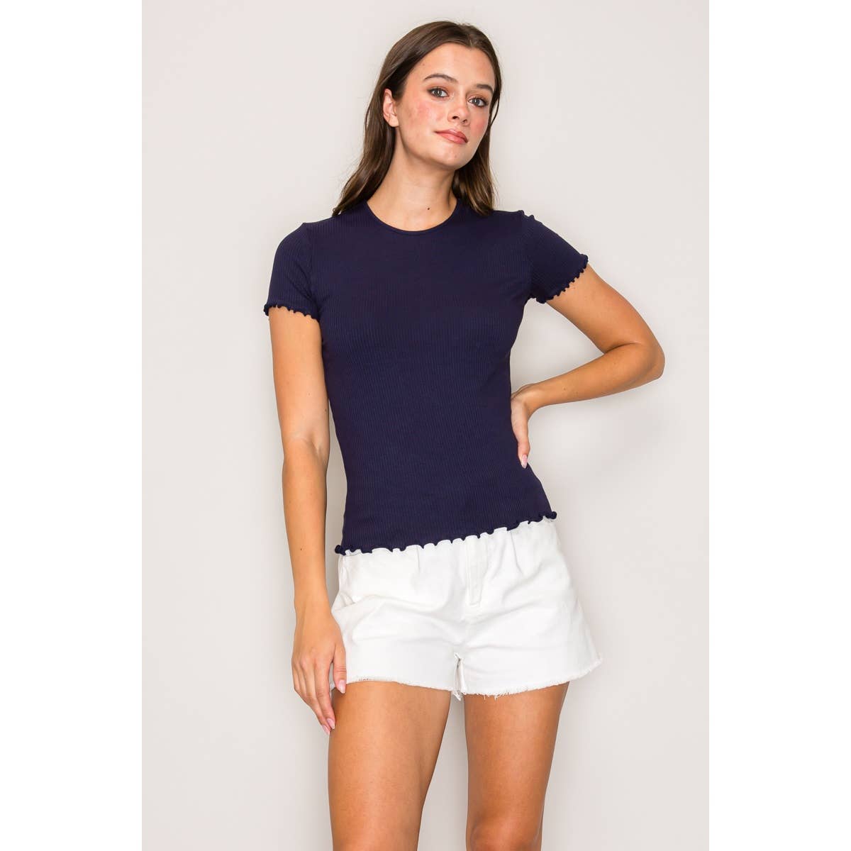 Popular 21 - Wholesale Knit Top - Women's - Short Sleeve Lettuce Hem Crew Neck Rib Knit Tee0