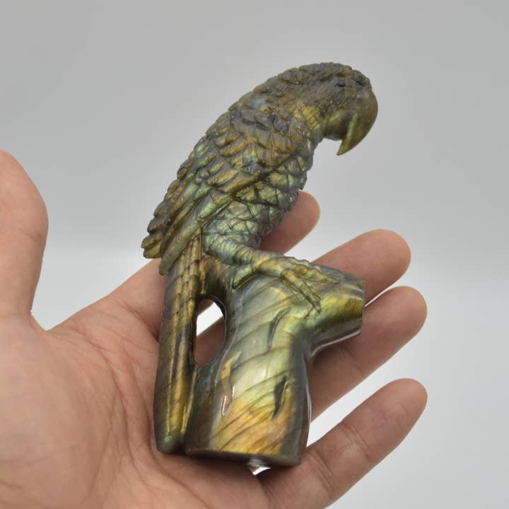 Labradorit-Papagei auf Ast - 11,5 cm x 6,5 cm x 3,5 cm #02 für den Großhandel von Calder Crystals