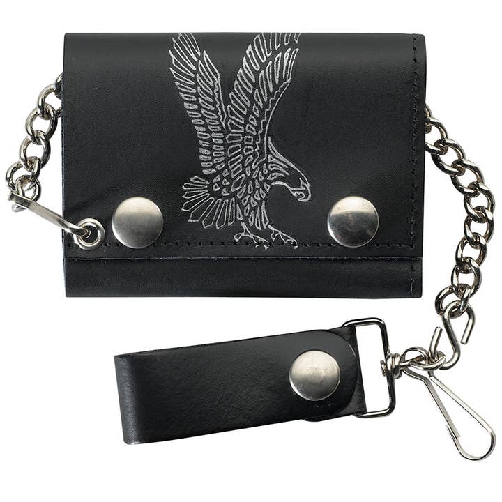 USA-Made Genuine Leather Trifold Chain Wallet with Eagle for wholesale by Western Express