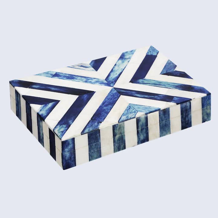 Chevron Resin Inlay Decorative Storage Box Blue White for wholesale by Muqeem & Brothers