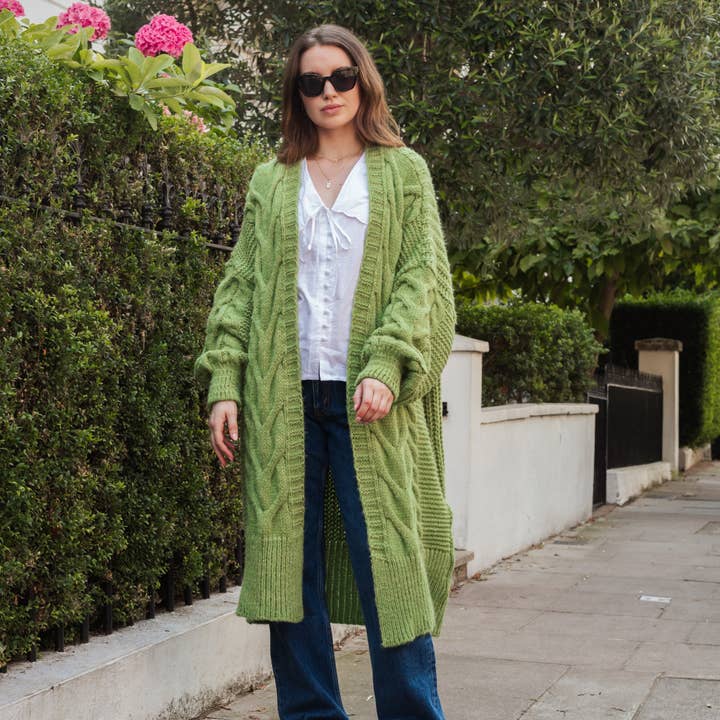 Cara & The Sky - Wholesale Cardigan - Women's - Alex Cable Longline Balloon Sleeve Cardigan - Green | Knit