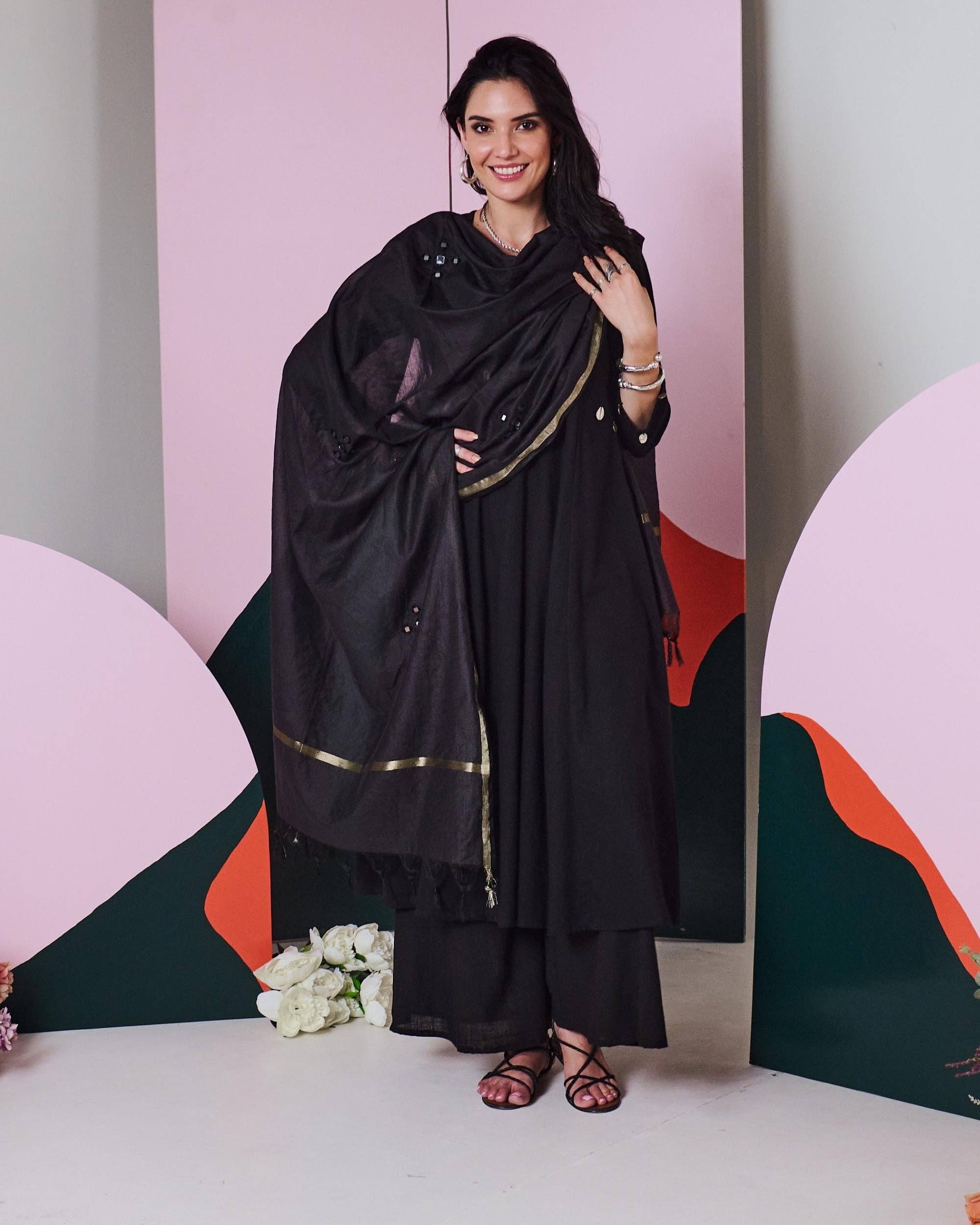 House of Amaya – wholesale Top & pants set (NOT Loungewear) – Women's – Ajuni Black Mirror Embroidered Kurta, Palazzo with Chanderi Dupatta (Set of 3)5